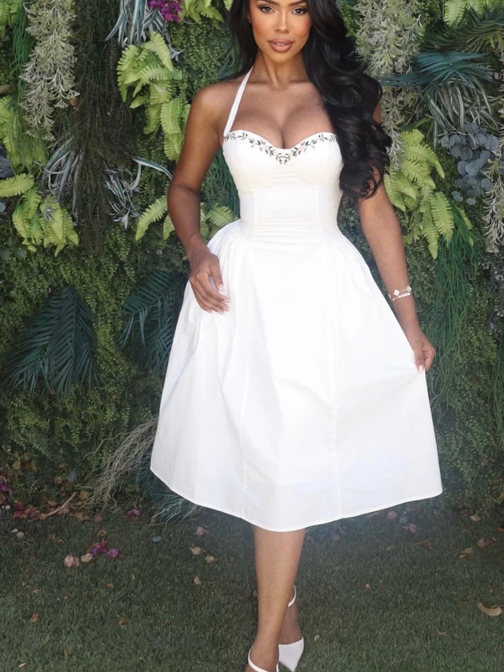 Fashion Nova White Halter Midi Dress with Sweetheart Neckline